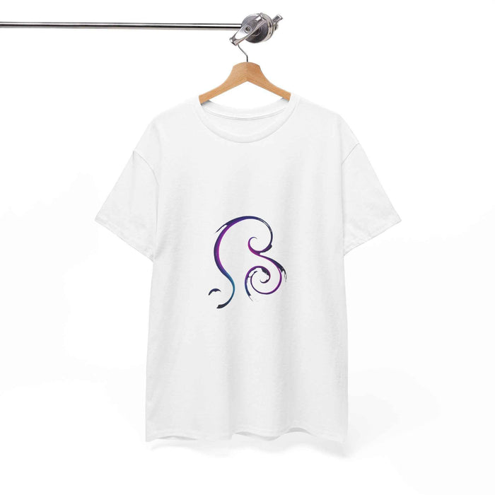 Unisex heavy cotton tee displayed with classic silhouette, shoulder tape and elegant swirl design for versatile daily styles.