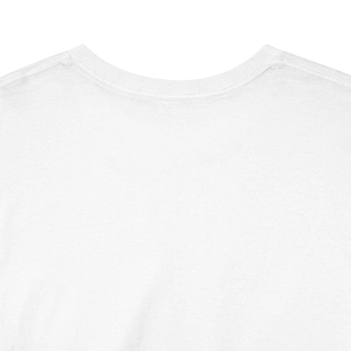 Front detail of unisex graphic tee showing swirl motif, ribbed collar and stable shoulder seams for dependable tee structure.