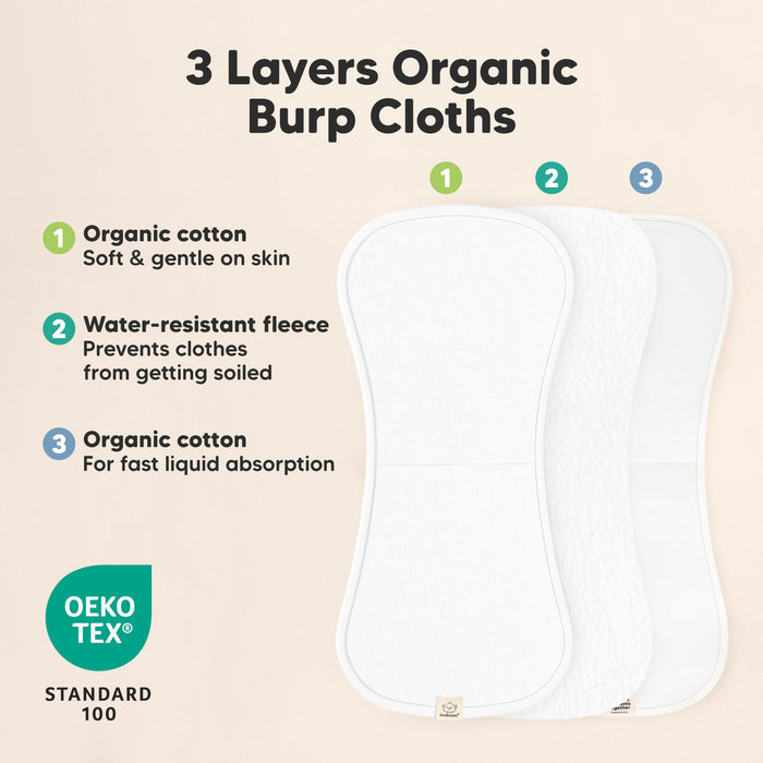 3 Layers Organic Burp Cloths - Organic cotton Soft & gentle on skin, Water-resistant fleece Prevents clothes from getting soiled, Organic cotton For fast liquid absorption
