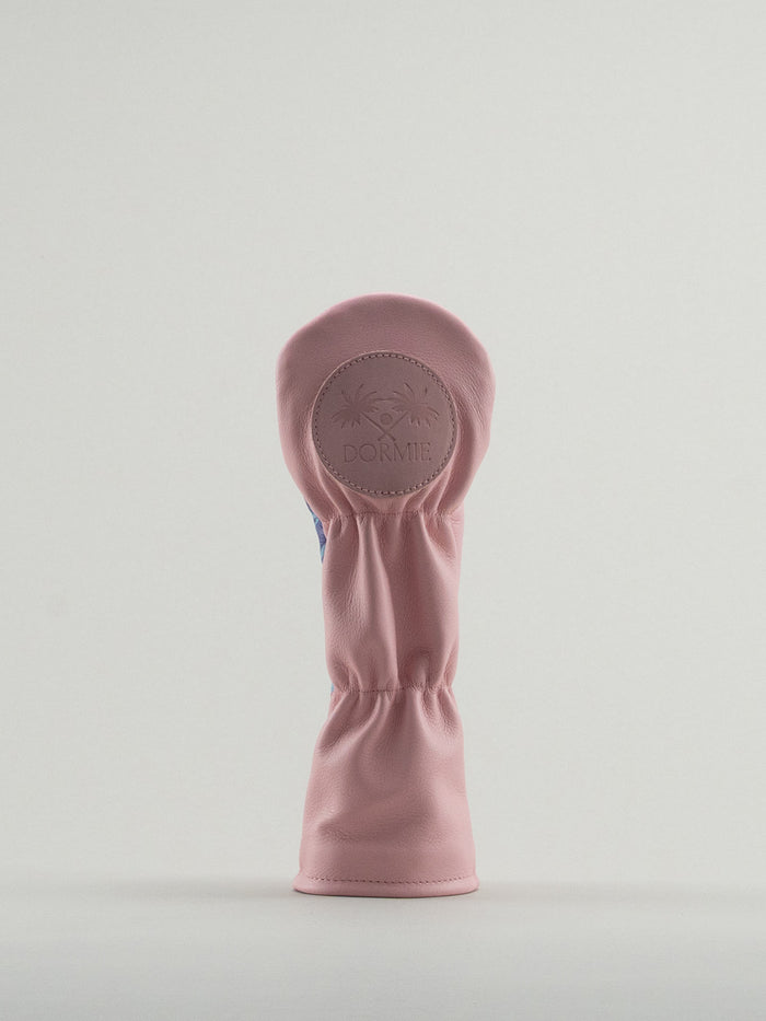 Reverse of pink golf club headcover with pink dormie badge