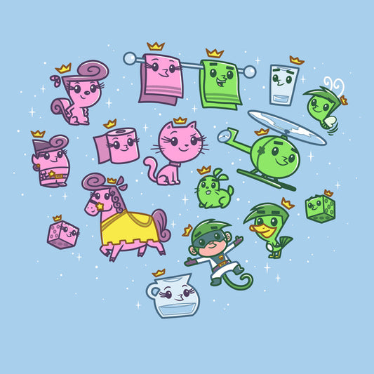 Premium Cotton T-shirt_TeeTurtle light blue Wanda & Cosmo Transformations apparel featuring the many animals and objects Wanda and Cosmo have transformed into, such as a squirrel, cat, horse, bunny, duck, bathroom towels, gnome, toilet paper roll, helicopter, dice, and glass of water.