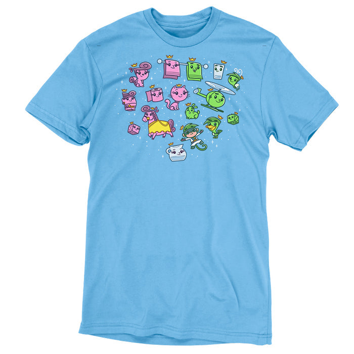 Premium Cotton T-shirt_TeeTurtle light blue Wanda & Cosmo Transformations apparel featuring the many animals and objects Wanda and Cosmo have transformed into, such as a squirrel, cat, horse, bunny, duck, bathroom towels, gnome, toilet paper roll, helicopter, dice, and glass of water.