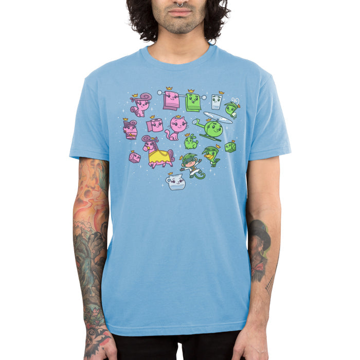 Premium Cotton T-shirt_TeeTurtle light blue Wanda & Cosmo Transformations apparel featuring the many animals and objects Wanda and Cosmo have transformed into, such as a squirrel, cat, horse, bunny, duck, bathroom towels, gnome, toilet paper roll, helicopter, dice, and glass of water.