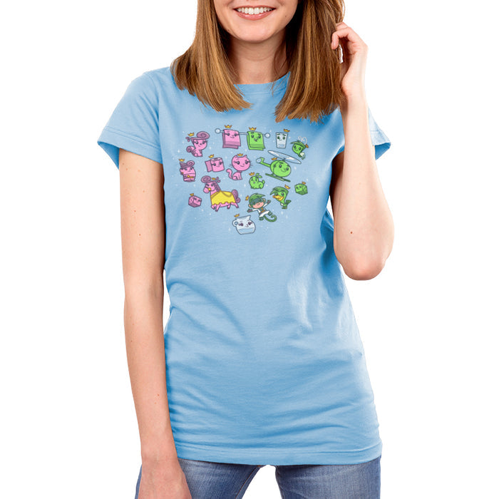 Premium Cotton T-shirt_TeeTurtle light blue Wanda & Cosmo Transformations apparel featuring the many animals and objects Wanda and Cosmo have transformed into, such as a squirrel, cat, horse, bunny, duck, bathroom towels, gnome, toilet paper roll, helicopter, dice, and glass of water.