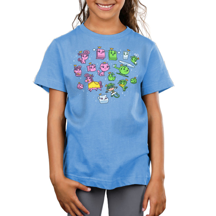 Premium Cotton T-shirt_TeeTurtle light blue Wanda & Cosmo Transformations apparel featuring the many animals and objects Wanda and Cosmo have transformed into, such as a squirrel, cat, horse, bunny, duck, bathroom towels, gnome, toilet paper roll, helicopter, dice, and glass of water.