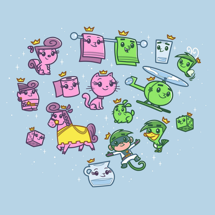 Classic Cotton T-shirt_TeeTurtle light blue Wanda & Cosmo Transformations apparel featuring the many animals and objects Wanda and Cosmo have transformed into, such as a squirrel, cat, horse, bunny, duck, bathroom towels, gnome, toilet paper roll, helicopter, dice, and glass of water.