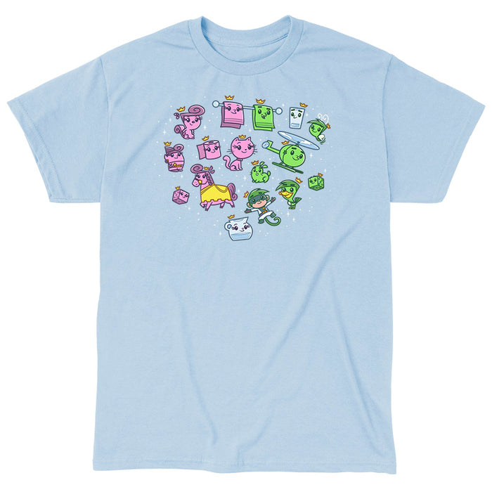 Classic Cotton T-shirt_TeeTurtle light blue Wanda & Cosmo Transformations apparel featuring the many animals and objects Wanda and Cosmo have transformed into, such as a squirrel, cat, horse, bunny, duck, bathroom towels, gnome, toilet paper roll, helicopter, dice, and glass of water.