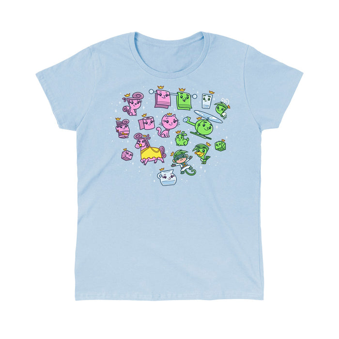 Classic Cotton T-shirt_TeeTurtle light blue Wanda & Cosmo Transformations apparel featuring the many animals and objects Wanda and Cosmo have transformed into, such as a squirrel, cat, horse, bunny, duck, bathroom towels, gnome, toilet paper roll, helicopter, dice, and glass of water.