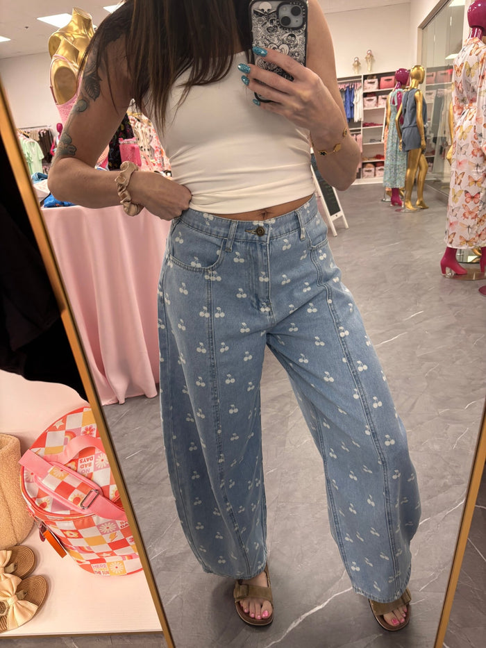 Washed Denim With Cherry Printed Wide Barrel Pants - Intimate Whispers