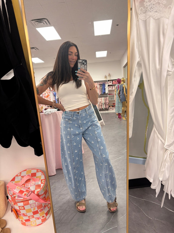 Washed Denim With Cherry Printed Wide Barrel Pants - Intimate Whispers