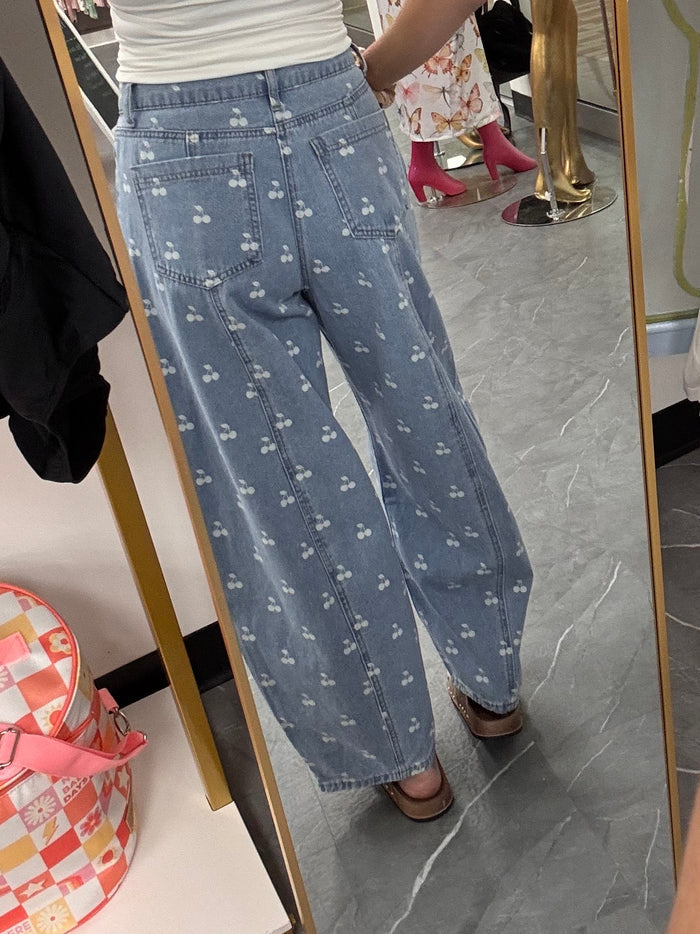 Washed Denim With Cherry Printed Wide Barrel Pants - Intimate Whispers
