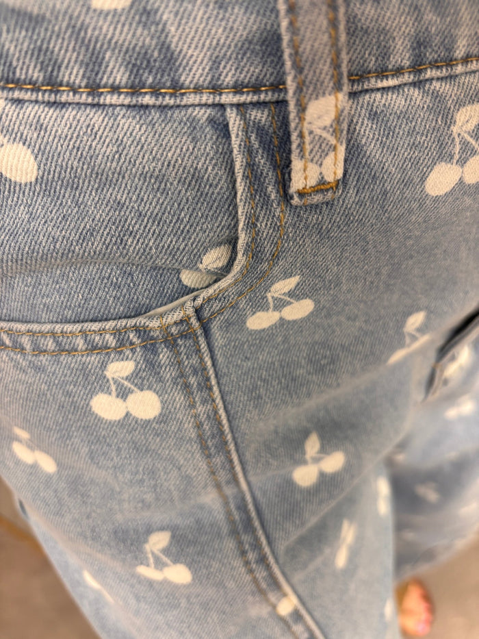 Washed Denim With Cherry Printed Wide Barrel Pants - Intimate Whispers
