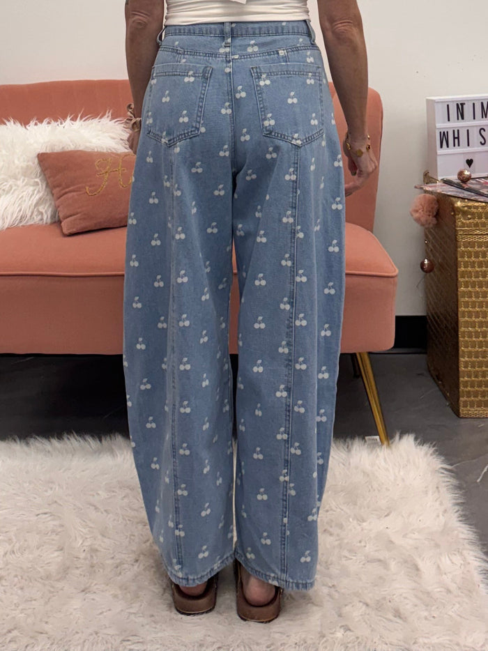Washed Denim With Cherry Printed Wide Barrel Pants - Intimate Whispers