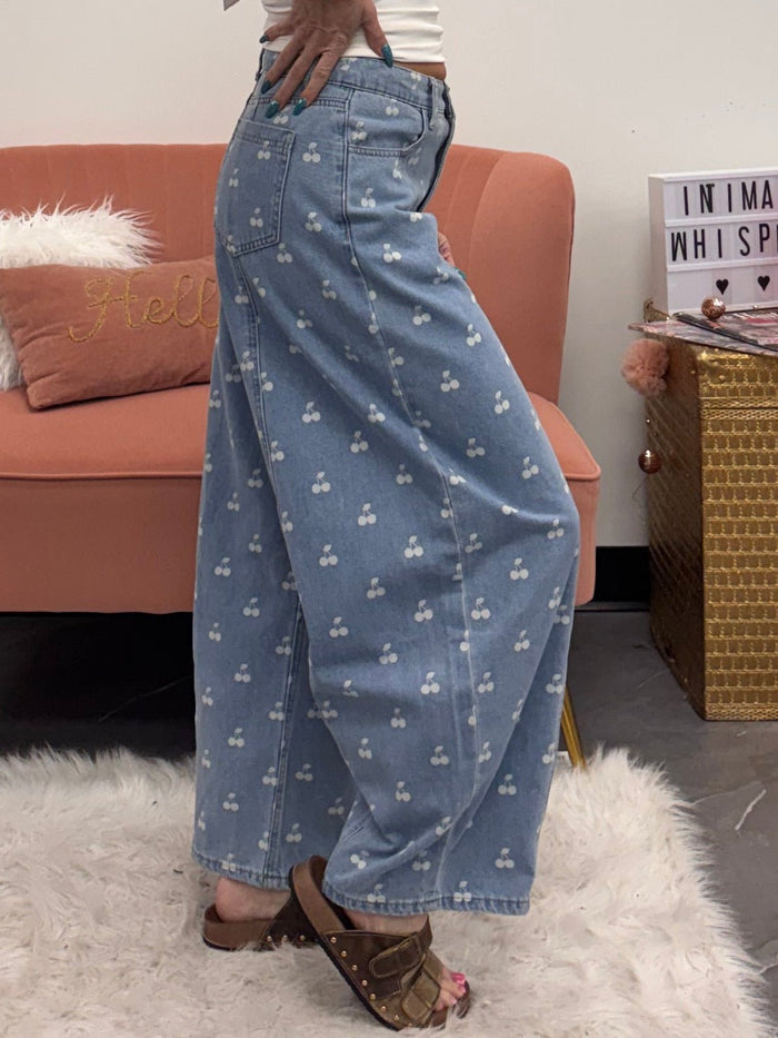 Washed Denim With Cherry Printed Wide Barrel Pants - Intimate Whispers