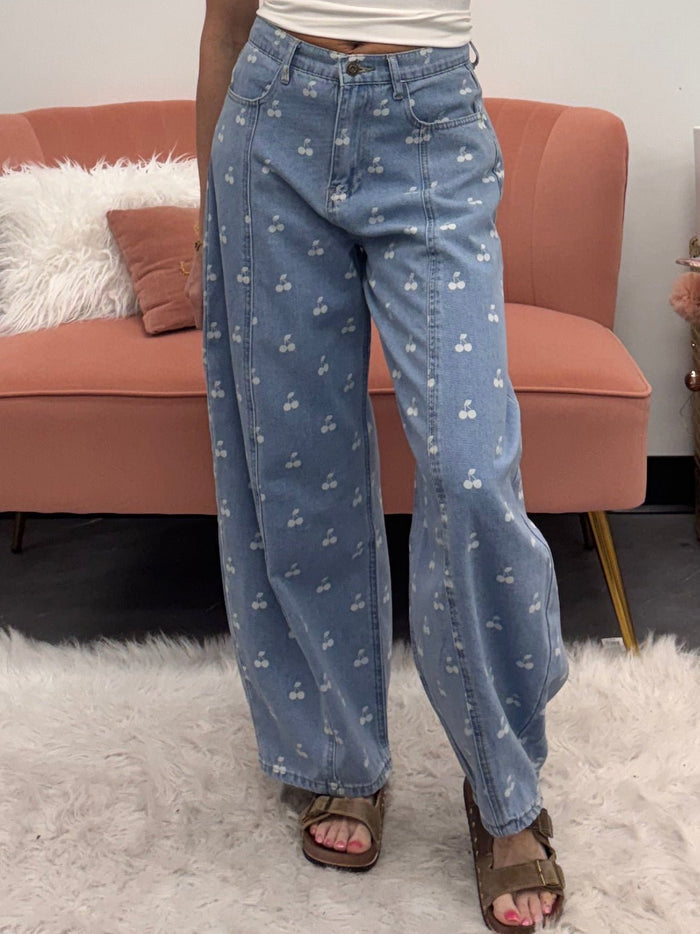 Washed Denim With Cherry Printed Wide Barrel Pants - Intimate Whispers