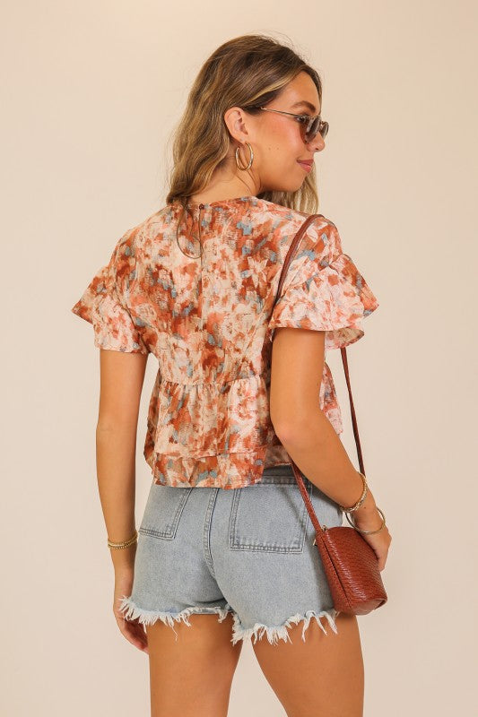 Watercolor Whimsy Tiered Ruffle Blouse-Brown-SMALL-Cute-Trendy-Shop-Womens-Boutique-Clothing-Store
