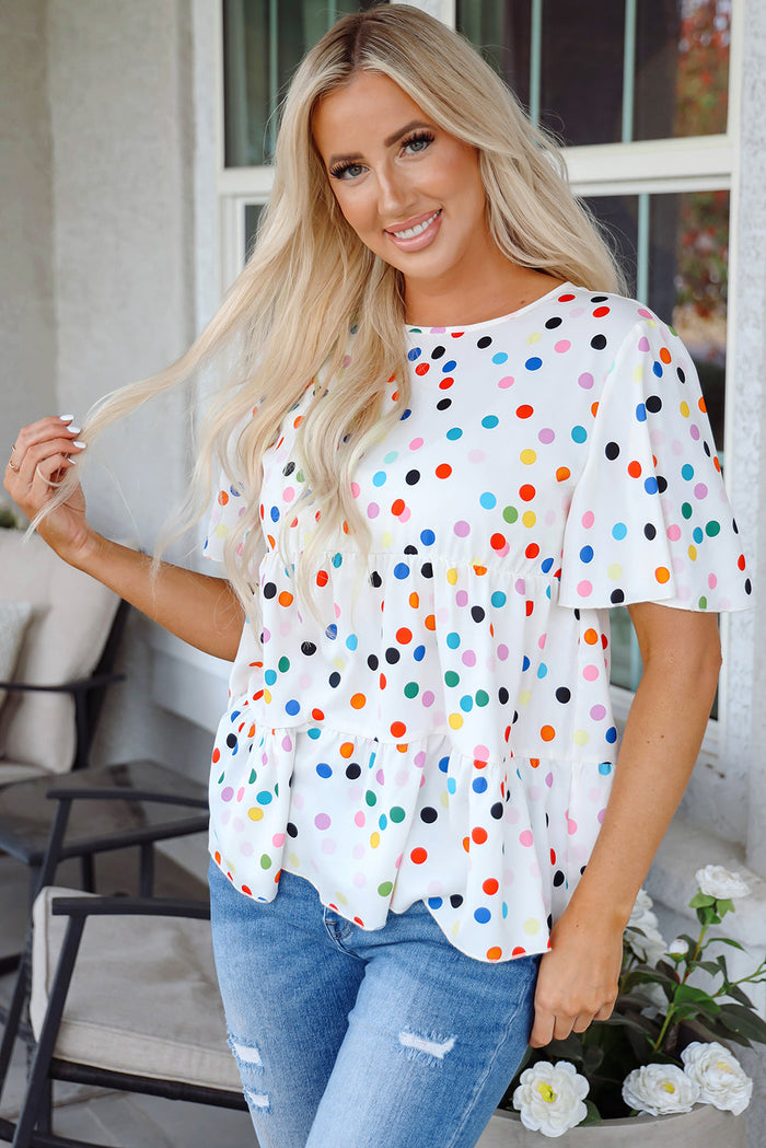 White Colourful Polka Dot Short Sleeve Tiered Ruffled Babydoll Blouse - S / 100% Polyester - Tops/Blouses & Shirts