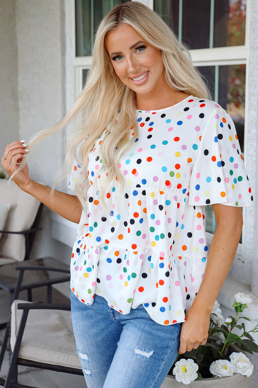 White Colourful Polka Dot Short Sleeve Tiered Ruffled Babydoll Blouse - S / 100% Polyester - Tops/Blouses & Shirts