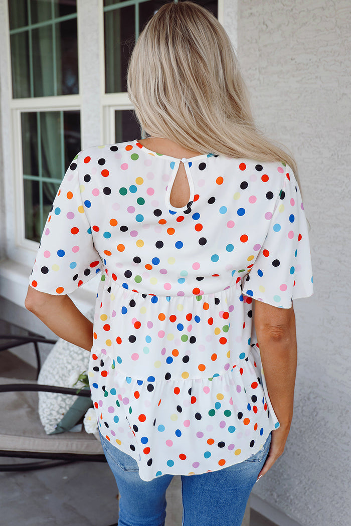 White Colourful Polka Dot Short Sleeve Tiered Ruffled Babydoll Blouse - Tops/Blouses & Shirts