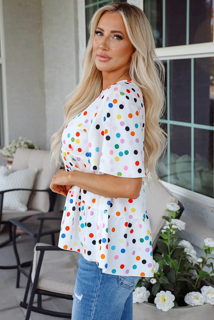 White Colourful Polka Dot Short Sleeve Tiered Ruffled Babydoll Blouse - Tops/Blouses & Shirts