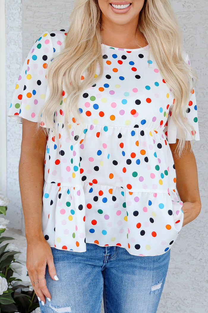 White Colourful Polka Dot Short Sleeve Tiered Ruffled Babydoll Blouse - Tops/Blouses & Shirts