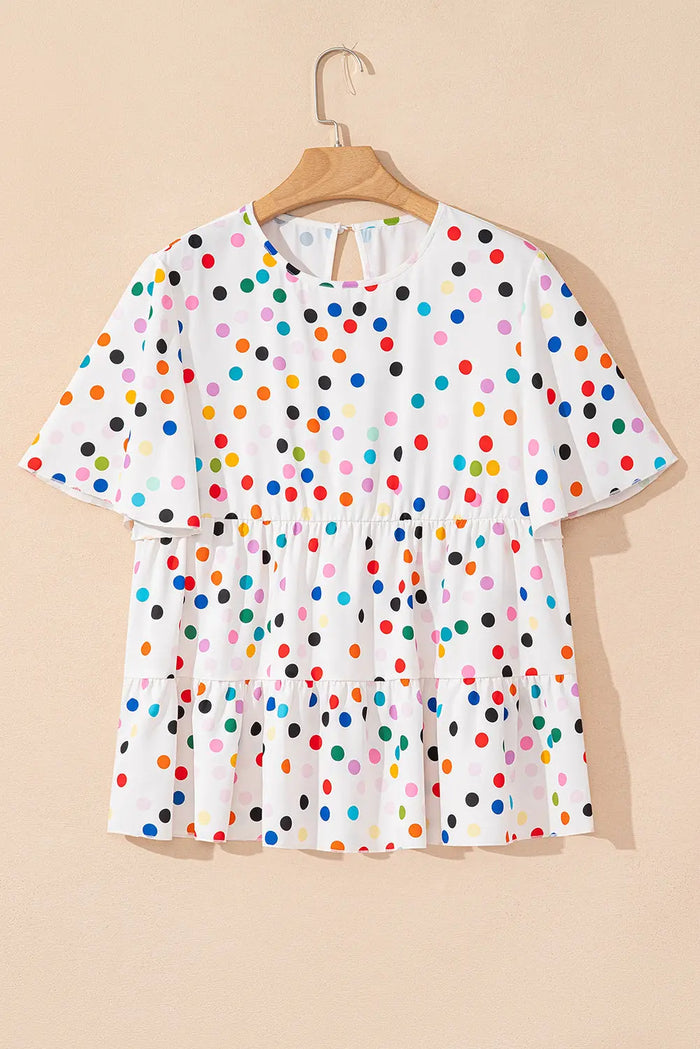White Colourful Polka Dot Short Sleeve Tiered Ruffled Babydoll Blouse - Tops/Blouses & Shirts