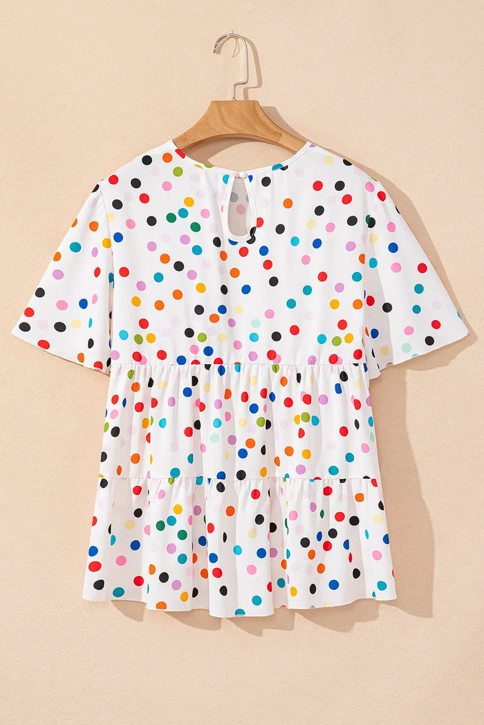 White Colourful Polka Dot Short Sleeve Tiered Ruffled Babydoll Blouse - Tops/Blouses & Shirts