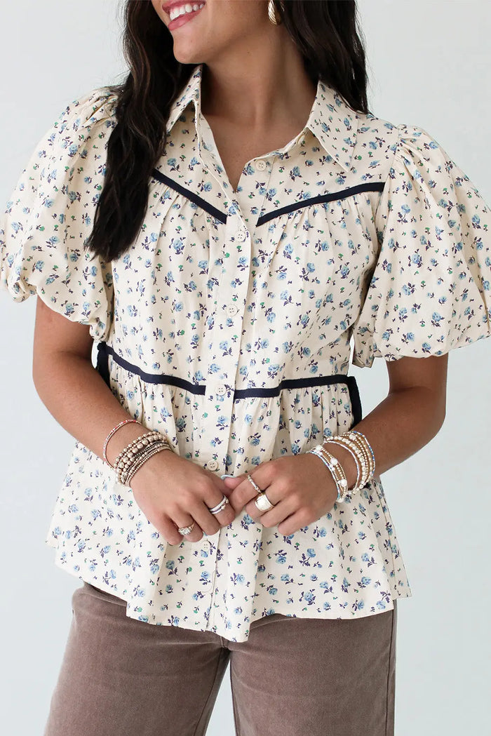 White Contrast Trim Floral Puff Short Sleeve Shirt - S / 100% Polyester - Tops/Blouses & Shirts