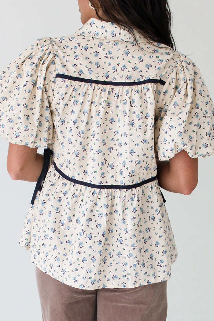White Contrast Trim Floral Puff Short Sleeve Shirt - Tops/Blouses & Shirts