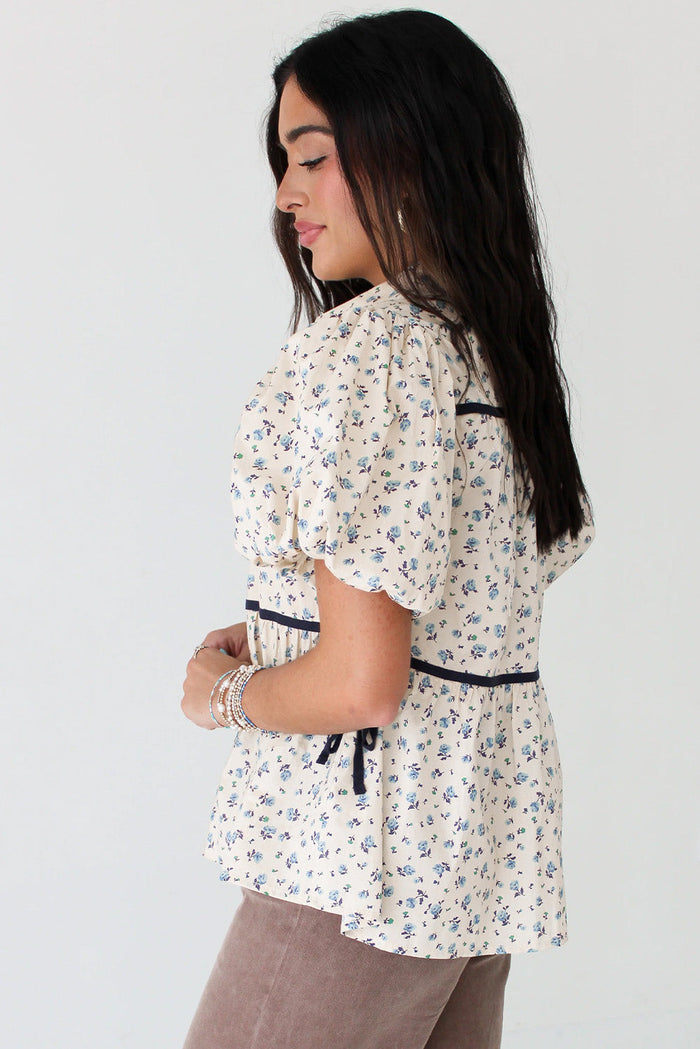 White Contrast Trim Floral Puff Short Sleeve Shirt - Tops/Blouses & Shirts