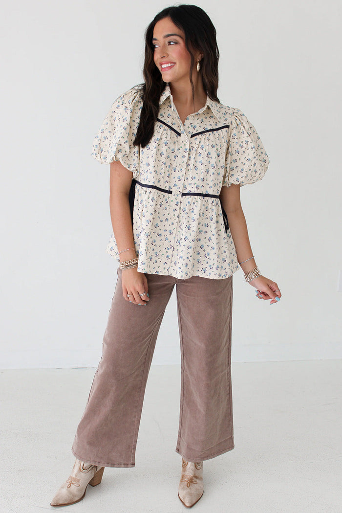 White Contrast Trim Floral Puff Short Sleeve Shirt - Tops/Blouses & Shirts