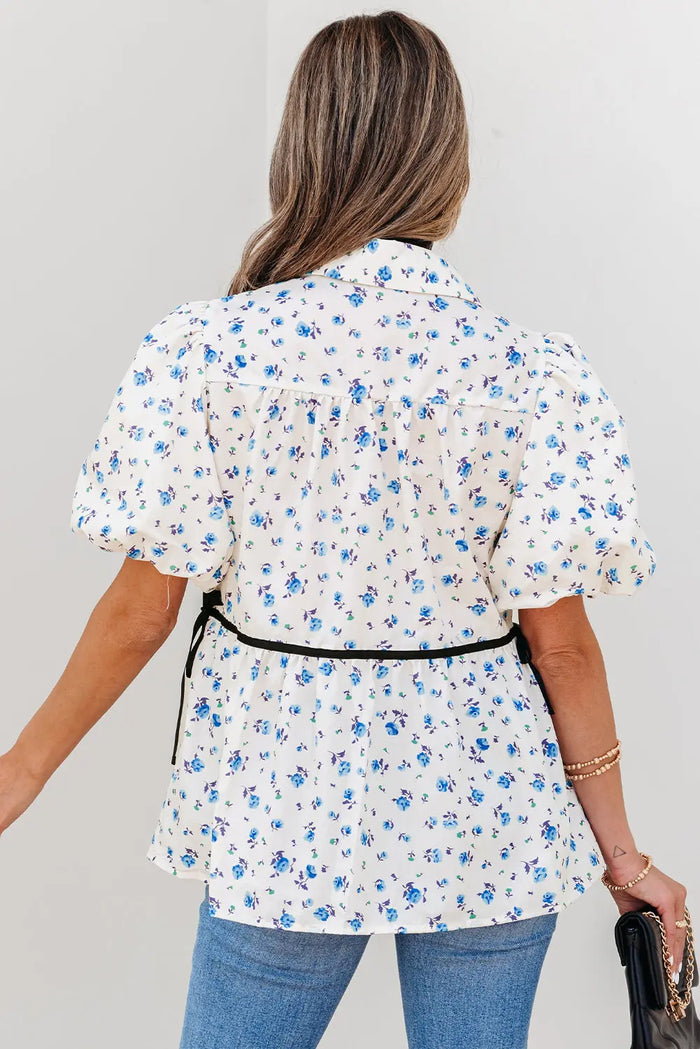 White Contrast Trim Floral Puff Short Sleeve Shirt - Tops/Blouses & Shirts