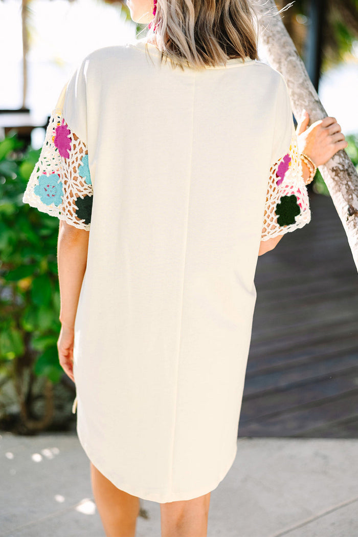 White Floral Crochet Splicing Sleeve T Shirt Dress - Dresses/T Dresses