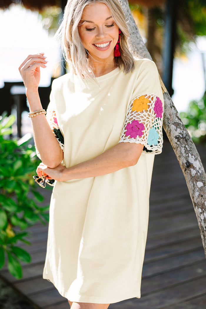 White Floral Crochet Splicing Sleeve T Shirt Dress - Dresses/T Dresses