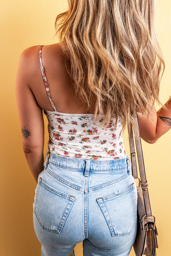 White Floral V Cut Frilled Trim Spaghetti Straps Bodysuit - Tops/Bodysuits