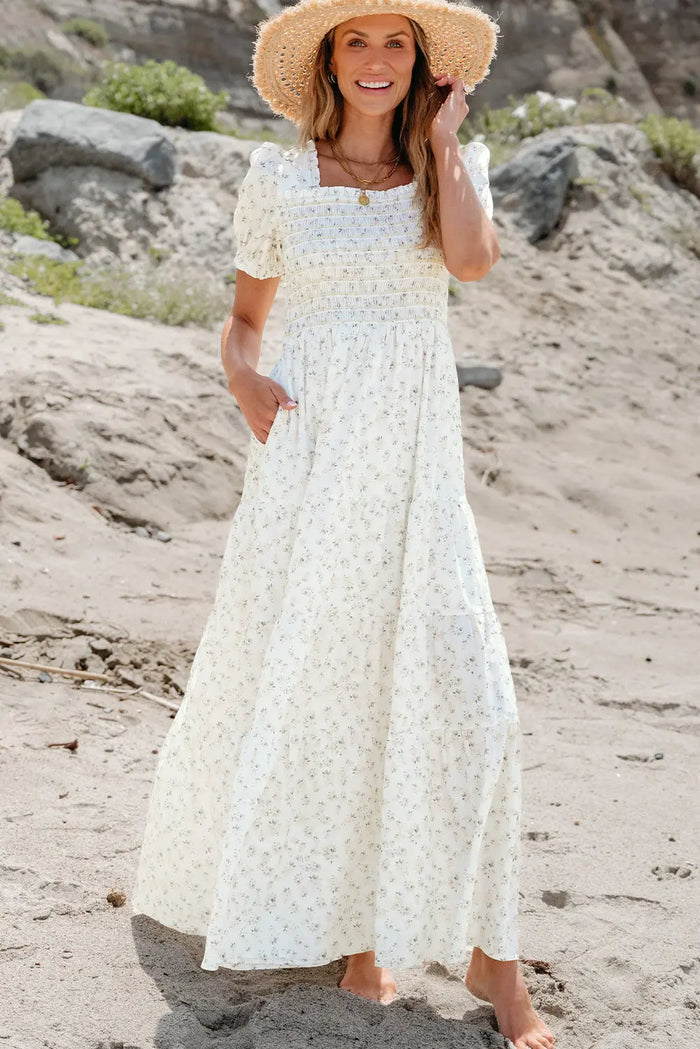 White Frilly Shirred Bodice Tiered Floral Maxi Dress - S / 100% Polyester - Dresses/Maxi Dresses