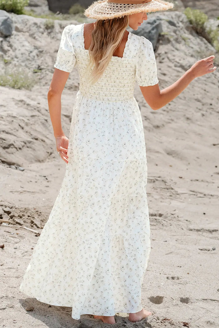 White Frilly Shirred Bodice Tiered Floral Maxi Dress - Dresses/Maxi Dresses