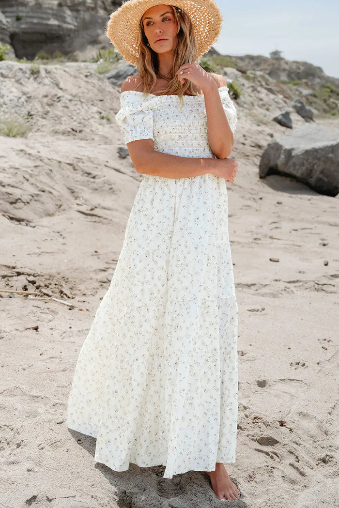 White Frilly Shirred Bodice Tiered Floral Maxi Dress - Dresses/Maxi Dresses