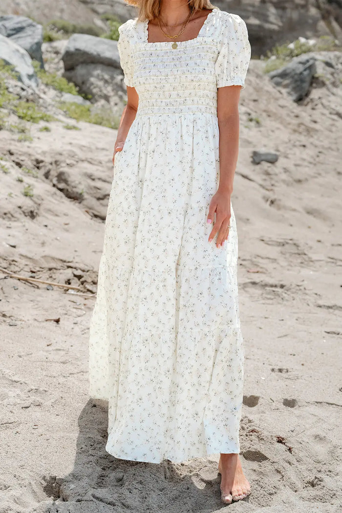 White Frilly Shirred Bodice Tiered Floral Maxi Dress - Dresses/Maxi Dresses