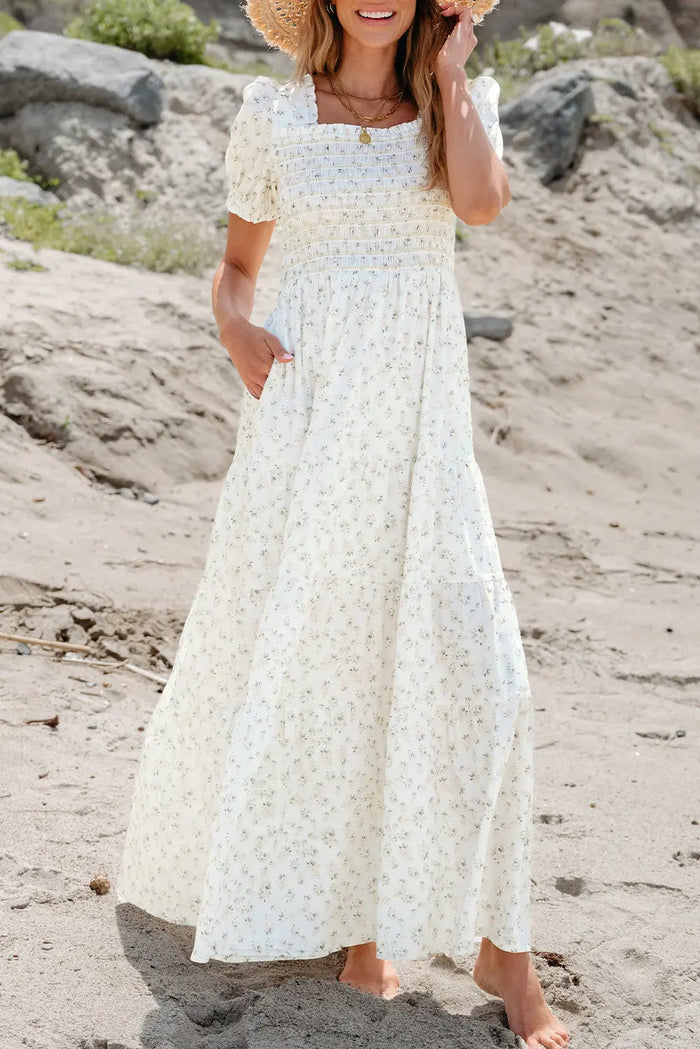 White Frilly Shirred Bodice Tiered Floral Maxi Dress - Dresses/Maxi Dresses