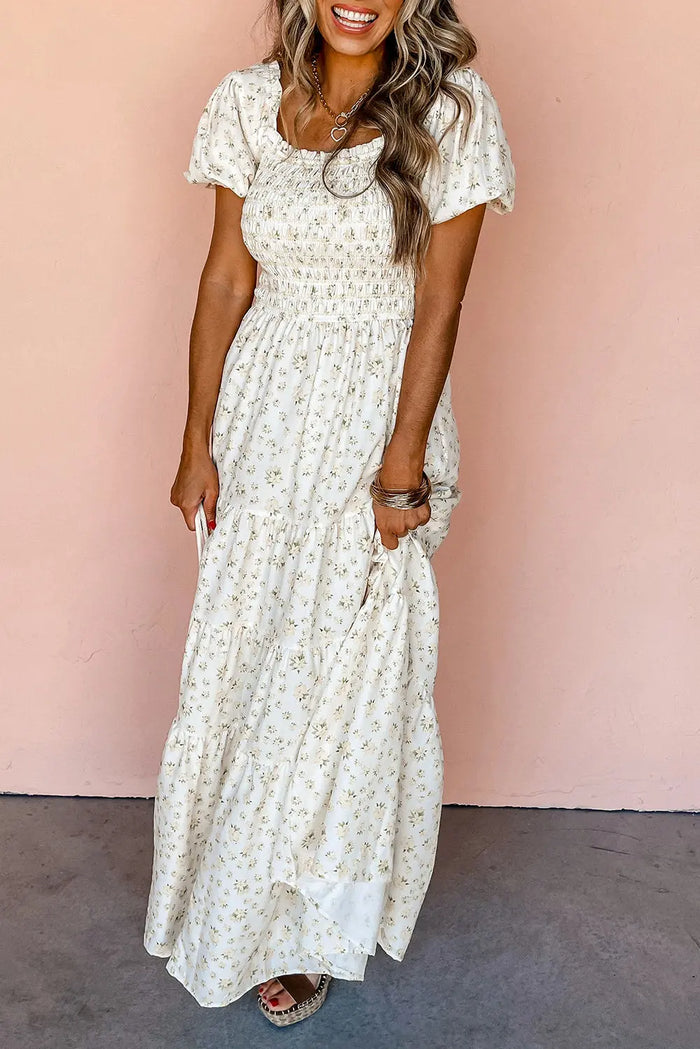 White Frilly Shirred Bodice Tiered Floral Maxi Dress - Dresses/Maxi Dresses