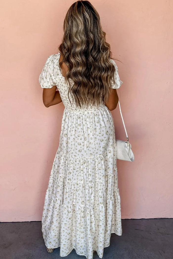 White Frilly Shirred Bodice Tiered Floral Maxi Dress - Dresses/Maxi Dresses