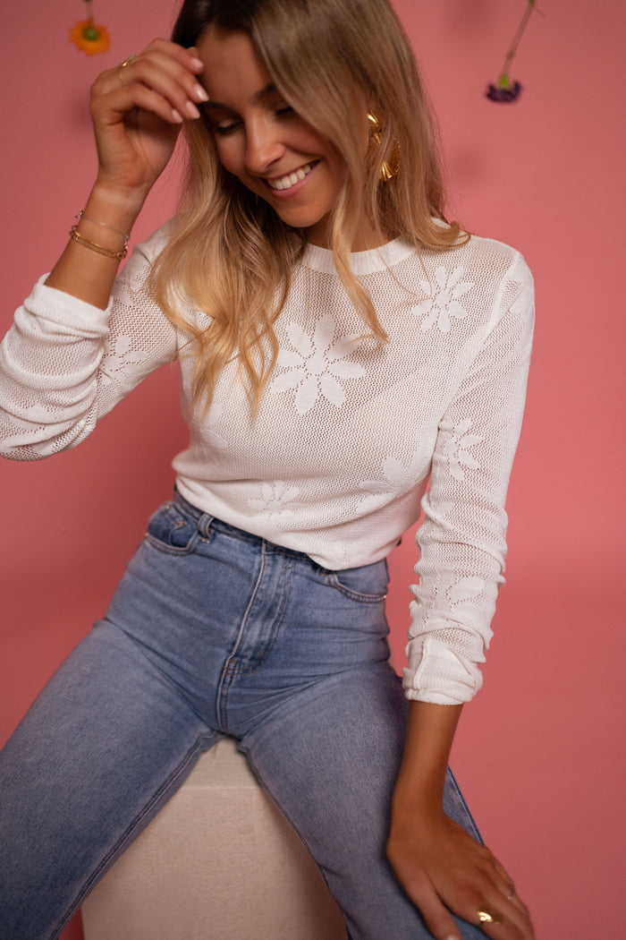 White Marguerite daisy openwork sweater, front view