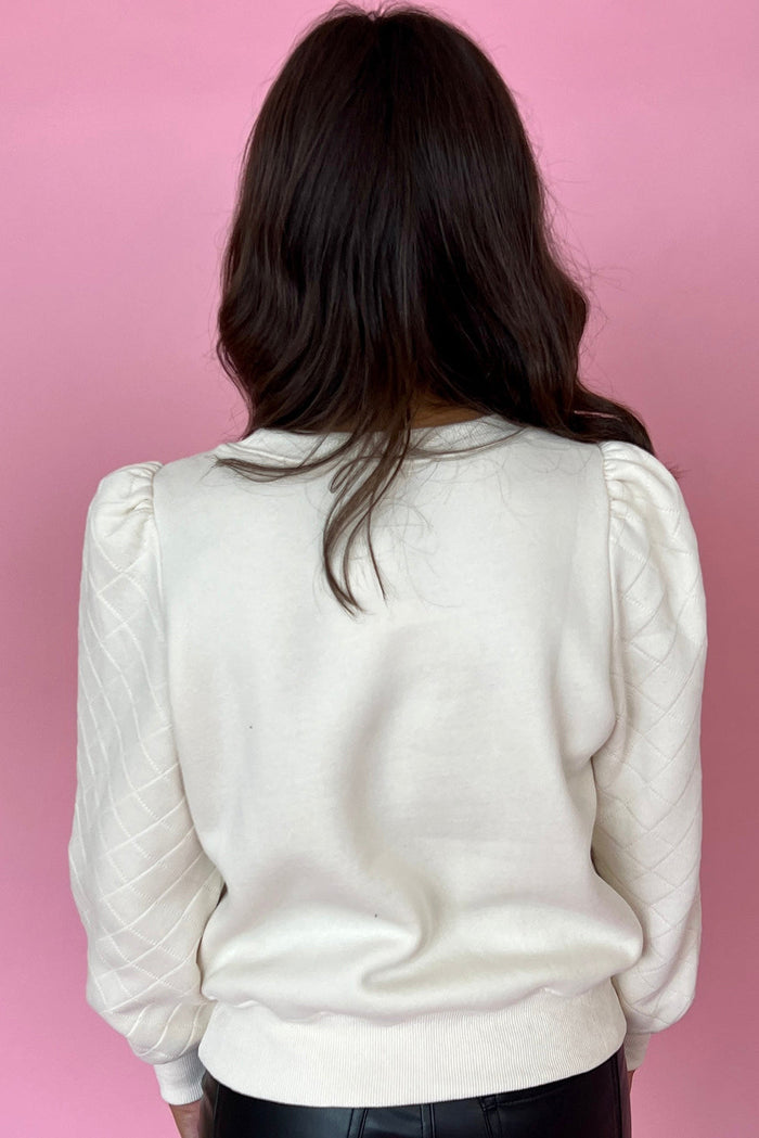 White Solid Puff Sleeve Round Neck Pullover Sweatshirt - Tops/Sweatshirts & Hoodies