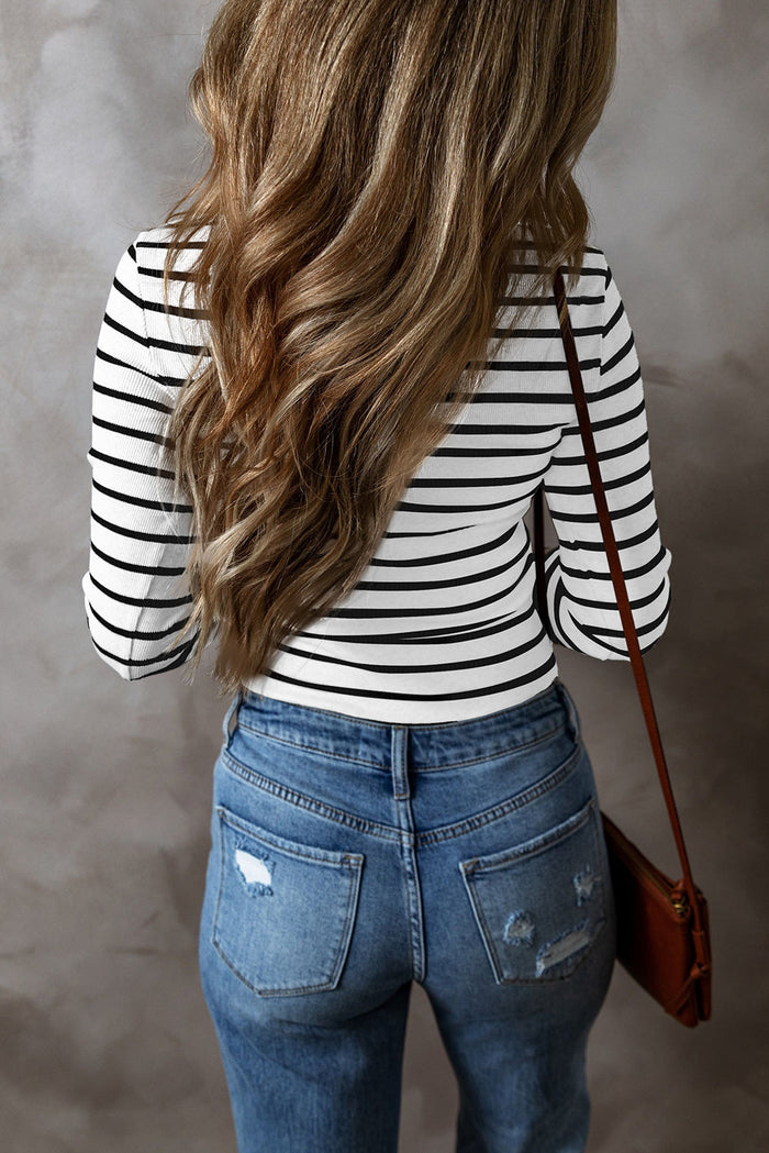 White Stripe Slim Fit Buttoned V Neck Long Sleeve T Shirt - Tops/Long Tops