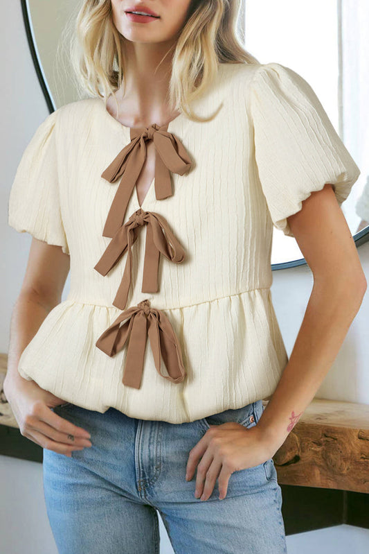 White Textured Bow Ties Front Bubble Hem Puff Short Sleeve Blouse - S / 100% Polyester - Tops/Blouses & Shirts