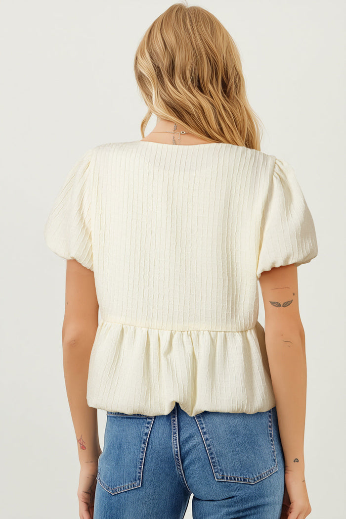 White Textured Bow Ties Front Bubble Hem Puff Short Sleeve Blouse - Tops/Blouses & Shirts
