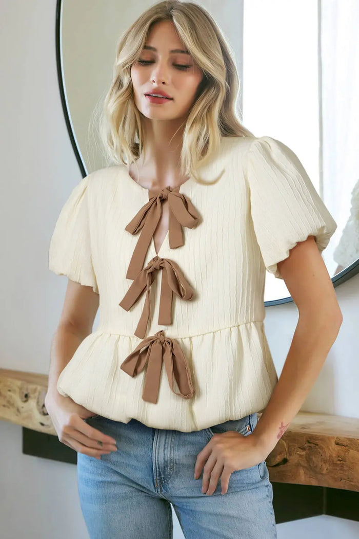 White Textured Bow Ties Front Bubble Hem Puff Short Sleeve Blouse - Tops/Blouses & Shirts