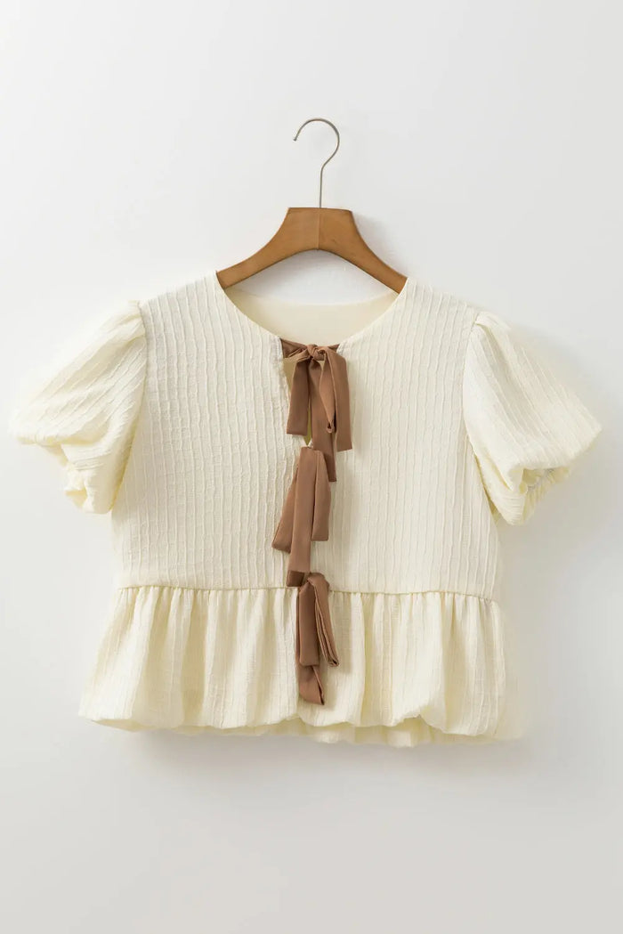 White Textured Bow Ties Front Bubble Hem Puff Short Sleeve Blouse - Tops/Blouses & Shirts