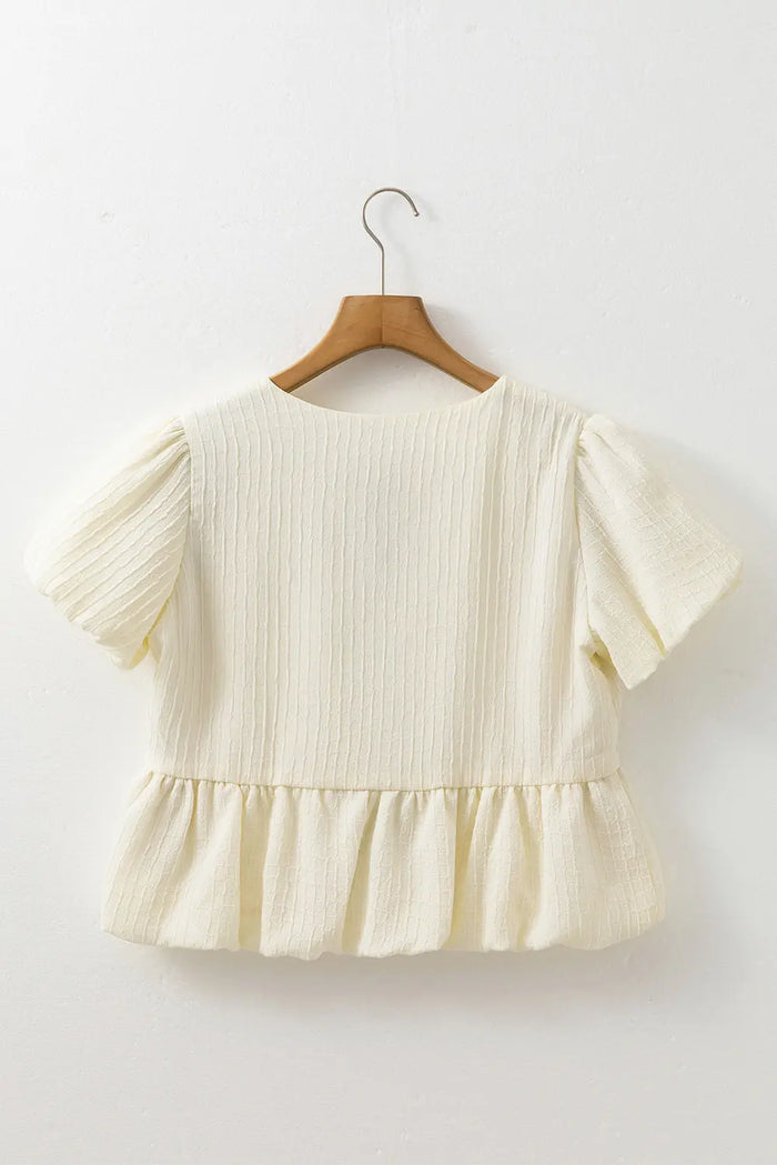 White Textured Bow Ties Front Bubble Hem Puff Short Sleeve Blouse - Tops/Blouses & Shirts